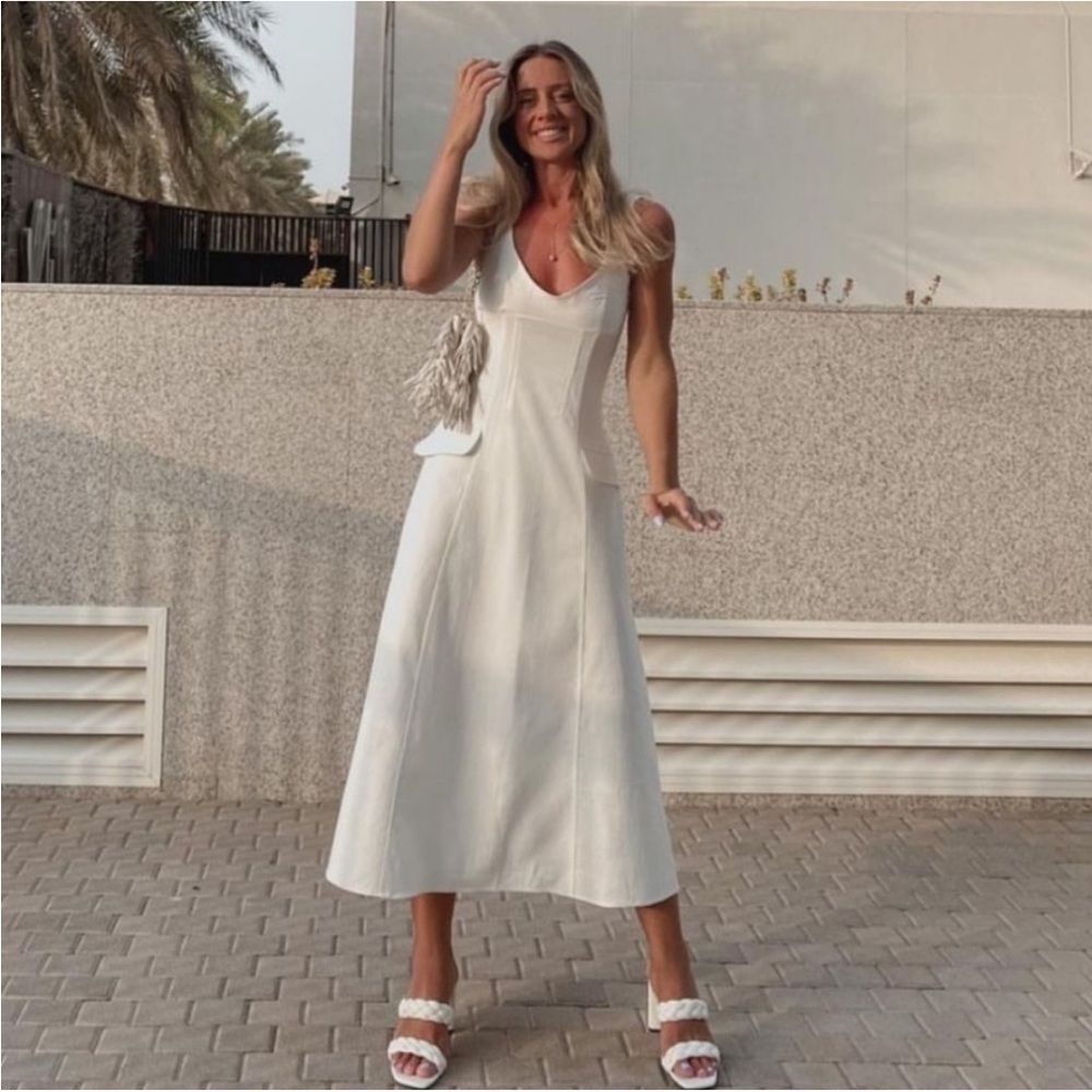 Zara Textured Oyster White A-line Midi Dress M